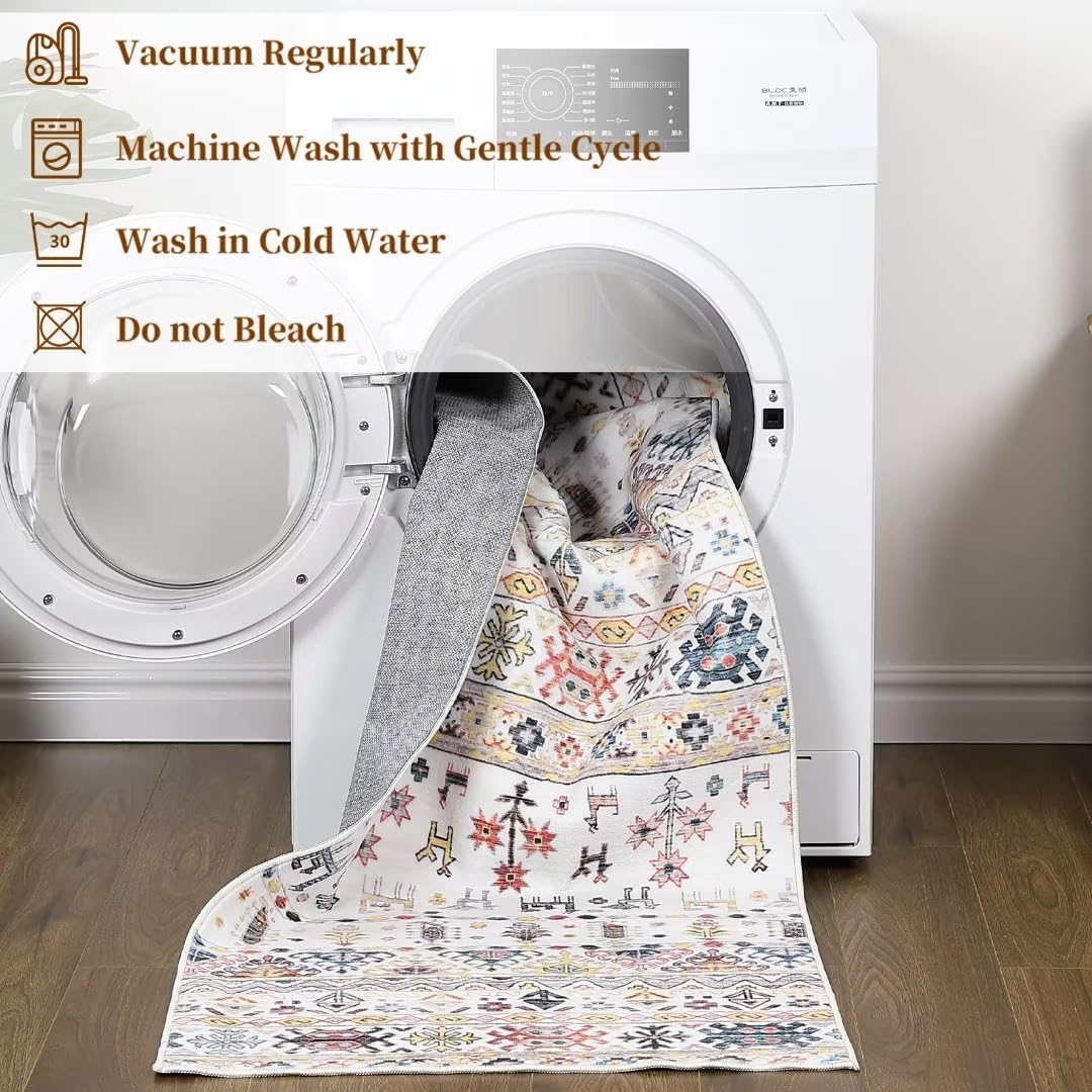 GlowSol GAOMON Area Rug 8x10 Washable Rug for Living Room Distressed Boho Rug Non Slip Non Shedding Indoor Rug Lightweight Foldable Rug for Living Room Bedroom, Yellow/Grey