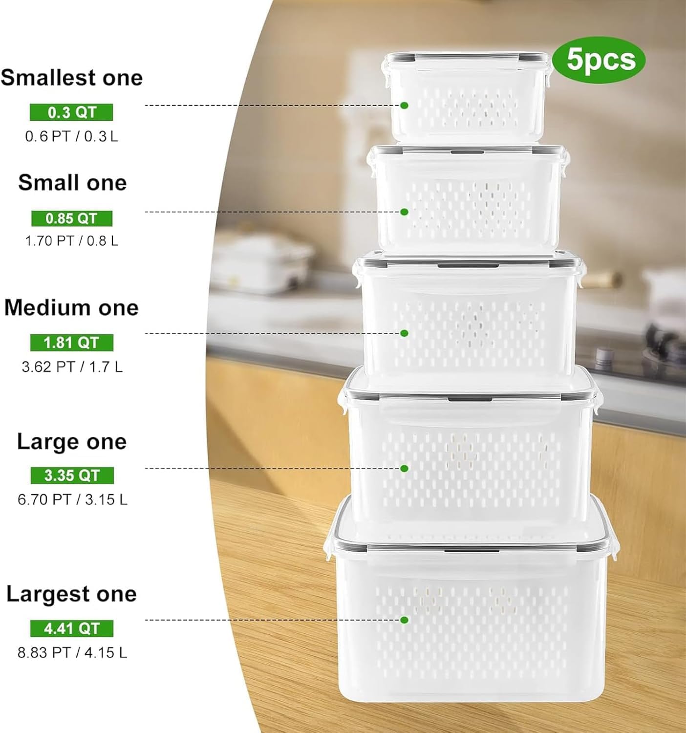 Skiennix Fruit Storage Containers - 5 PCS Leakproof Set with Removable Colander & Chopper | Dishwasher & Microwave Safe