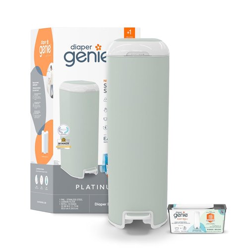 Diaper Genie Platinum Pail - Durable Stainless Steel | Sage Green | Includes 1 Easy Roll Refill with 18 Bags