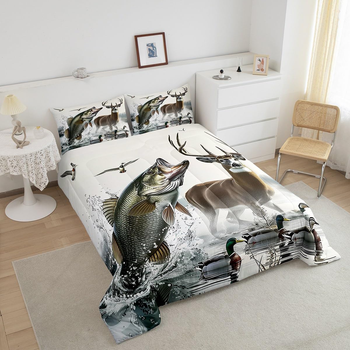 Feelyou Boys Girls Deer Pike Fish Duvet Insert Twin Size, Bass Big Fish Comforter Set Fishing and Hunting Bedding Set Kids Teens Bedroom Decor Bed Set 2Pcs