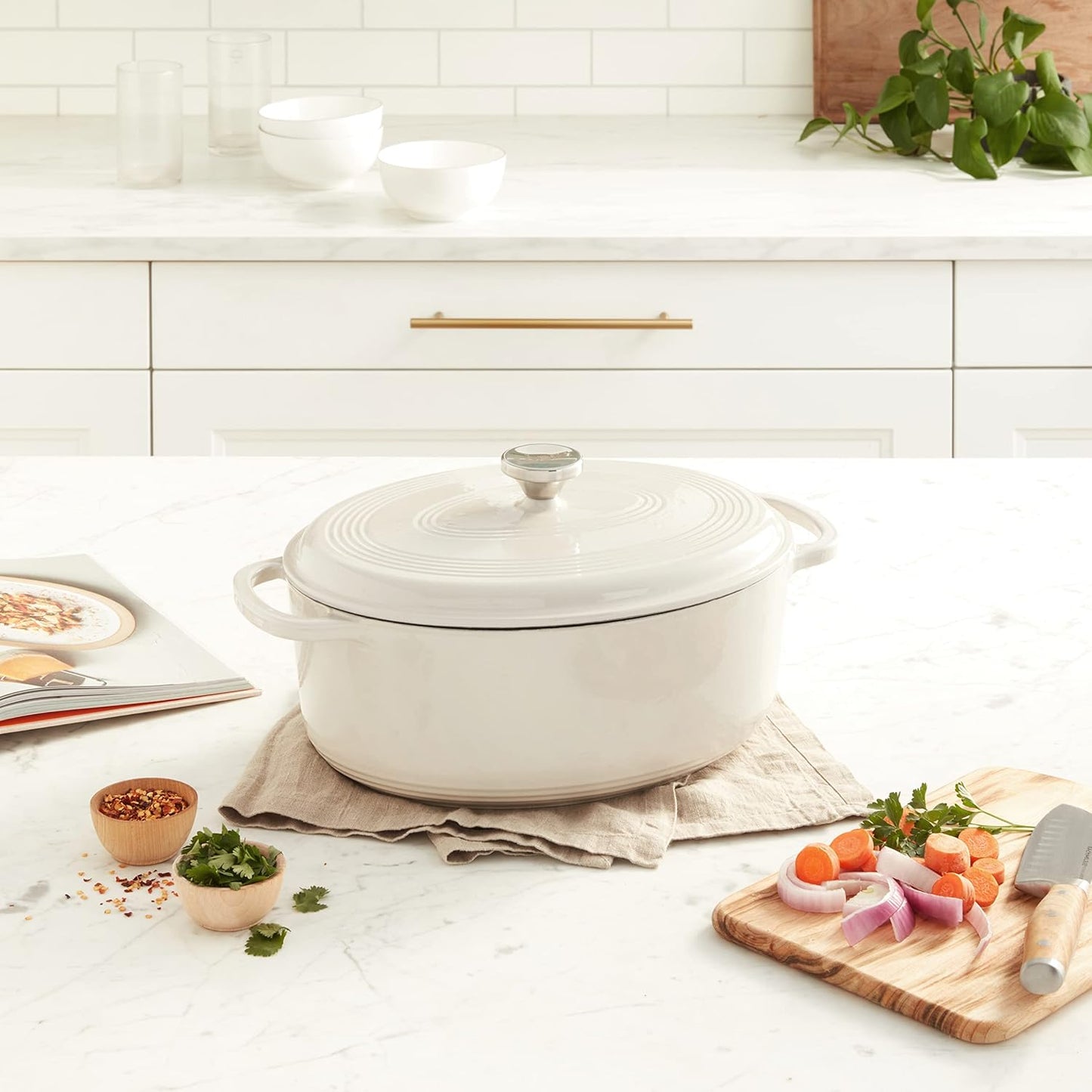 Lodge Enameled Cast Iron Oval Dutch Oven - 7 Quart with Lid & Dual Handles - Oven Safe to 500°F - Oyster White