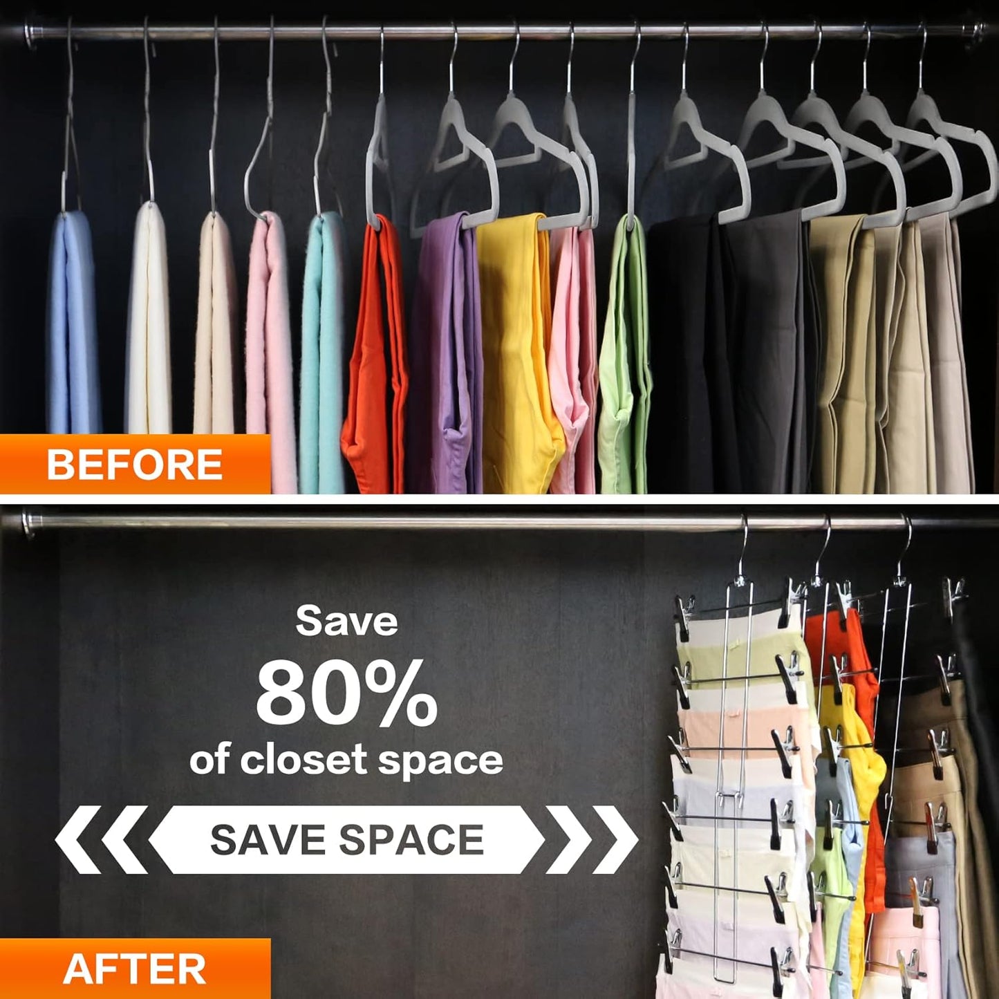 Skiennix 3-Pack Pants Hangers - Space-Saving 6-Tier Closet Organizers with Clips | Ideal for Jeans & Scarves