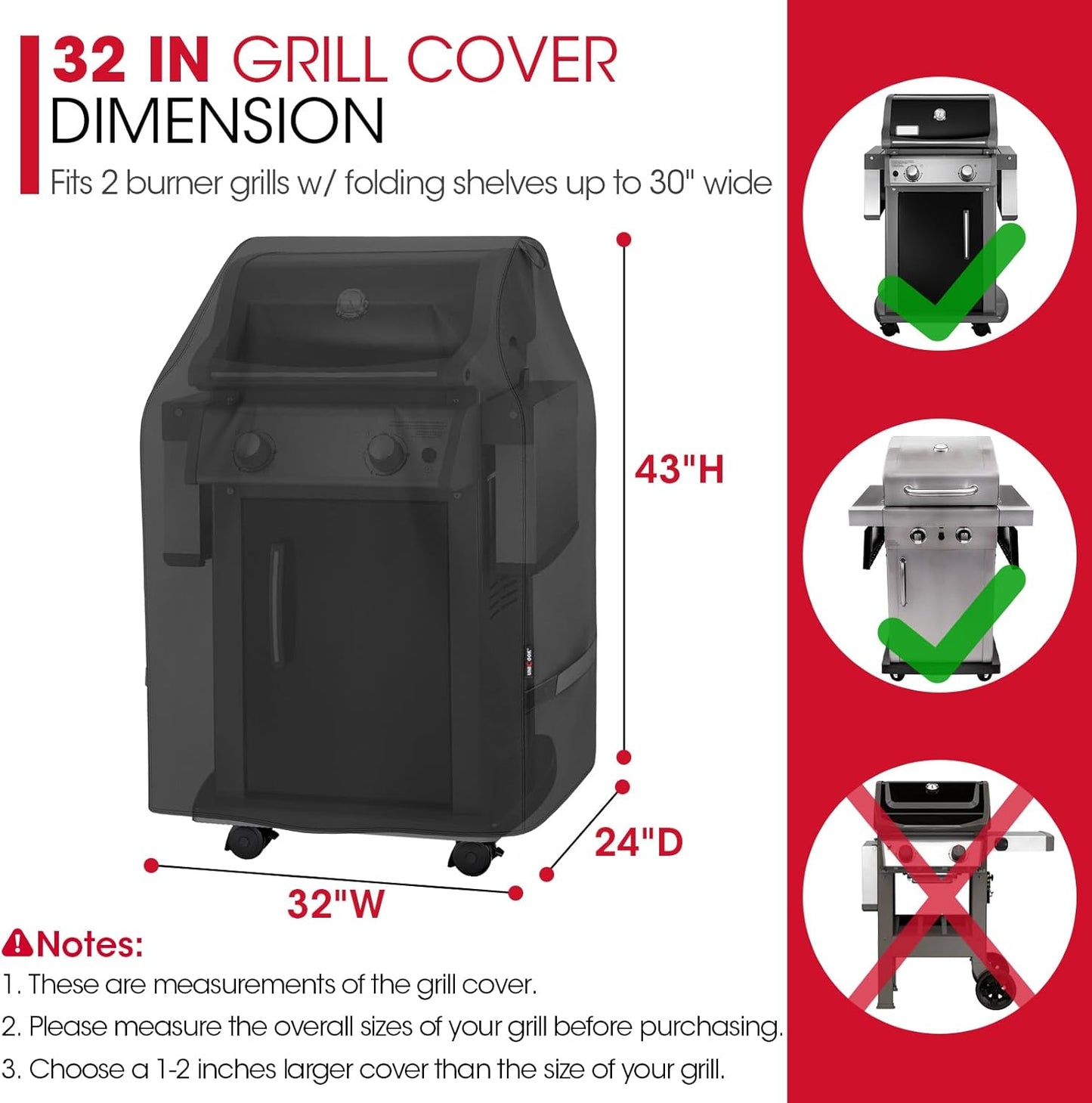 Unicook 32-Inch Heavy Duty Waterproof Grill Cover - Fits Weber, Char-Broil & Nexgrill with Side Handles