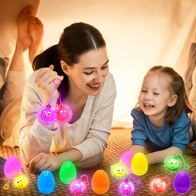 ZICZLI 24 Pack Easter Eggs Filled with LED Puffer Balls, Light Up Stress Relief Toys for Kids Boys Girls Teens Easter Hunt Filling Treats Basket Stuffers Easter Party Favors