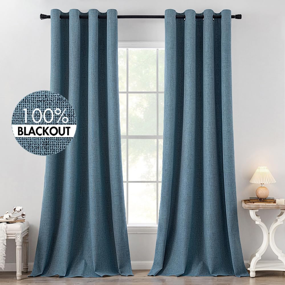 MIULEE Linen Texture Blackout Curtains - Thermal Insulated Room Darkening Draperies | Dusty Blue, 52x120 Inch (2 Panels)