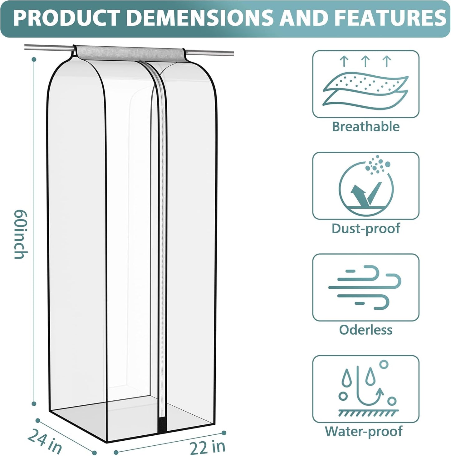 Liuoud 22” Garment Bags - Clear Hanging Clothes Covers for Closet Storage | 2 Pack, 60” Long