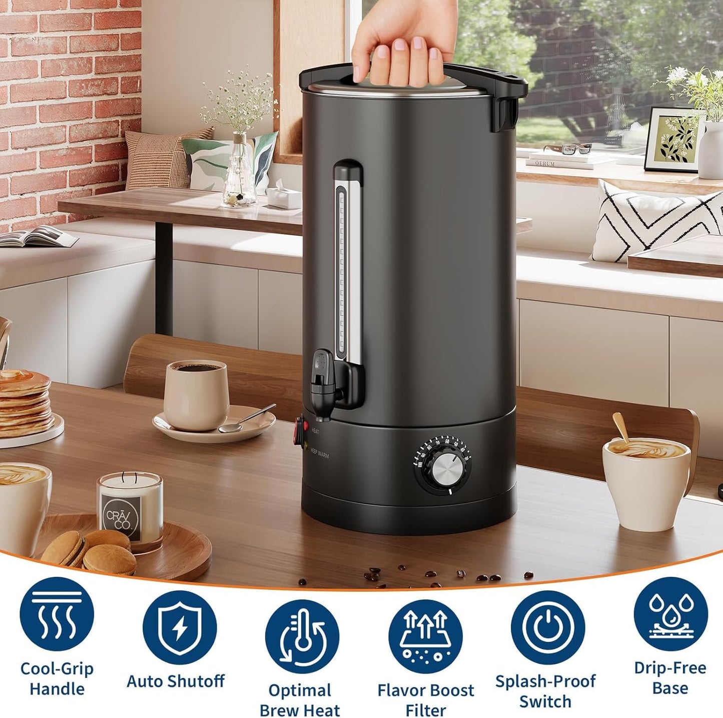 PeacefulHues 80 Cup Commercial Coffee Urn - 12L/3.2Gal Stainless Steel Electric Coffee Maker With Double Wall Insulation, Hot Beverage & Water Dispenser for Weddings, Parties, Catering, Buffets
