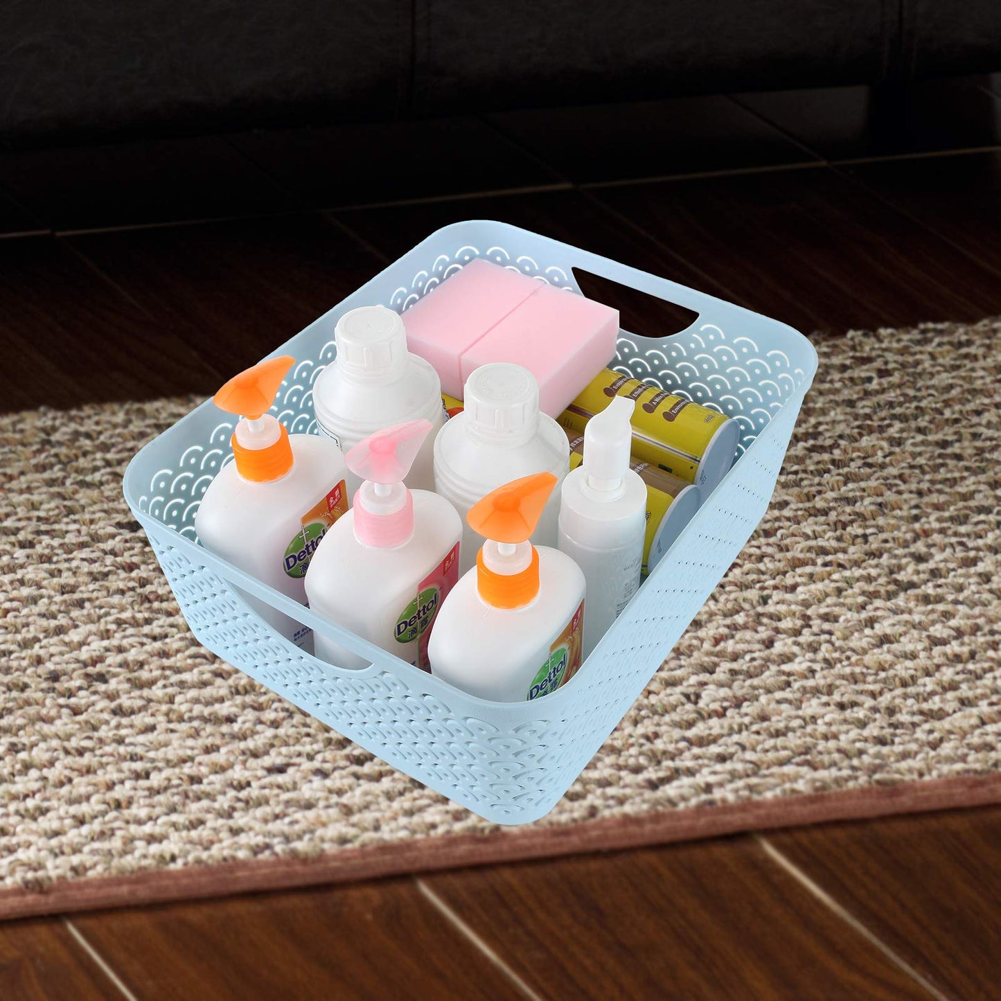 STARVAST 3 Pack Large Plastic Storage Baskets, Portable Pink Fish Scale Pattern Hollow Desktop Storage Bin Box with Handle for Cabinet Office Bathroom Closet– 13.8 x 11.2 x 5.1 inches