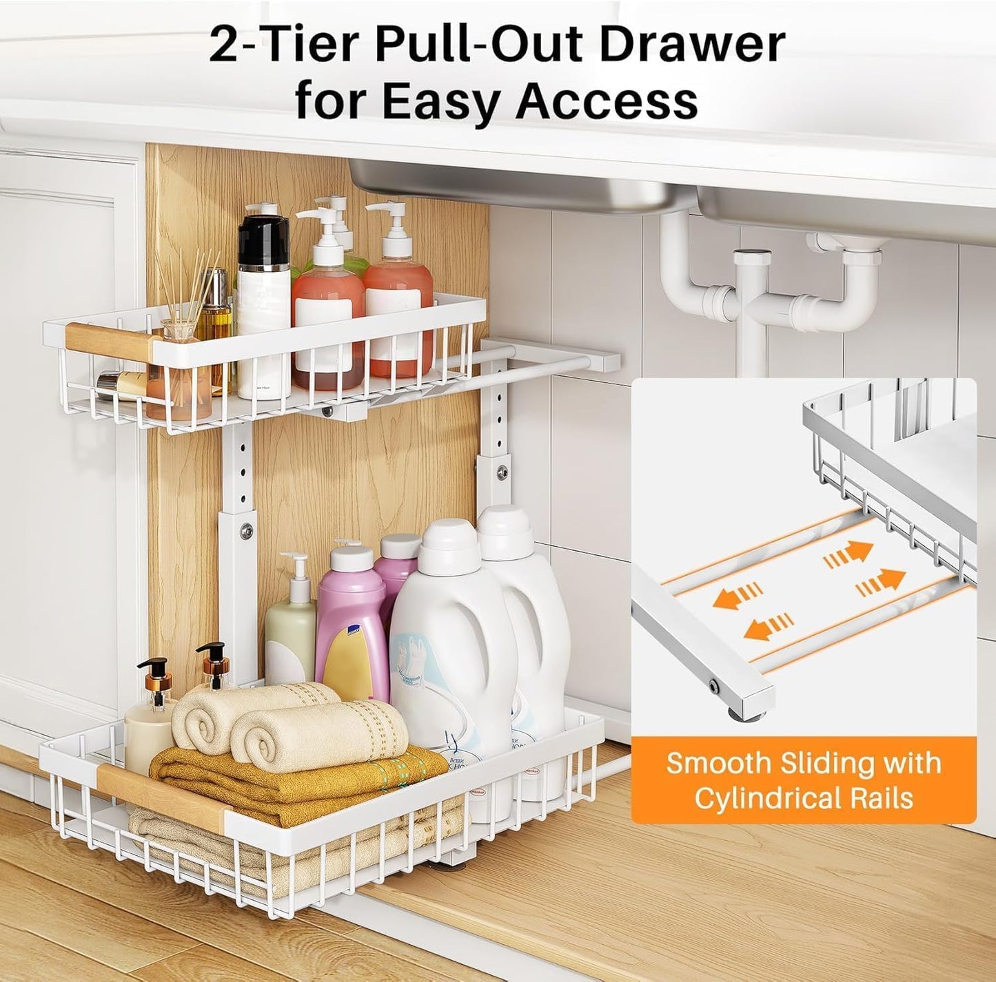 PXRACK Under Sink Organizer - Adjustable 2-Tier Pull-Out Storage for Kitchen & Bathroom | Large White 2-Pack