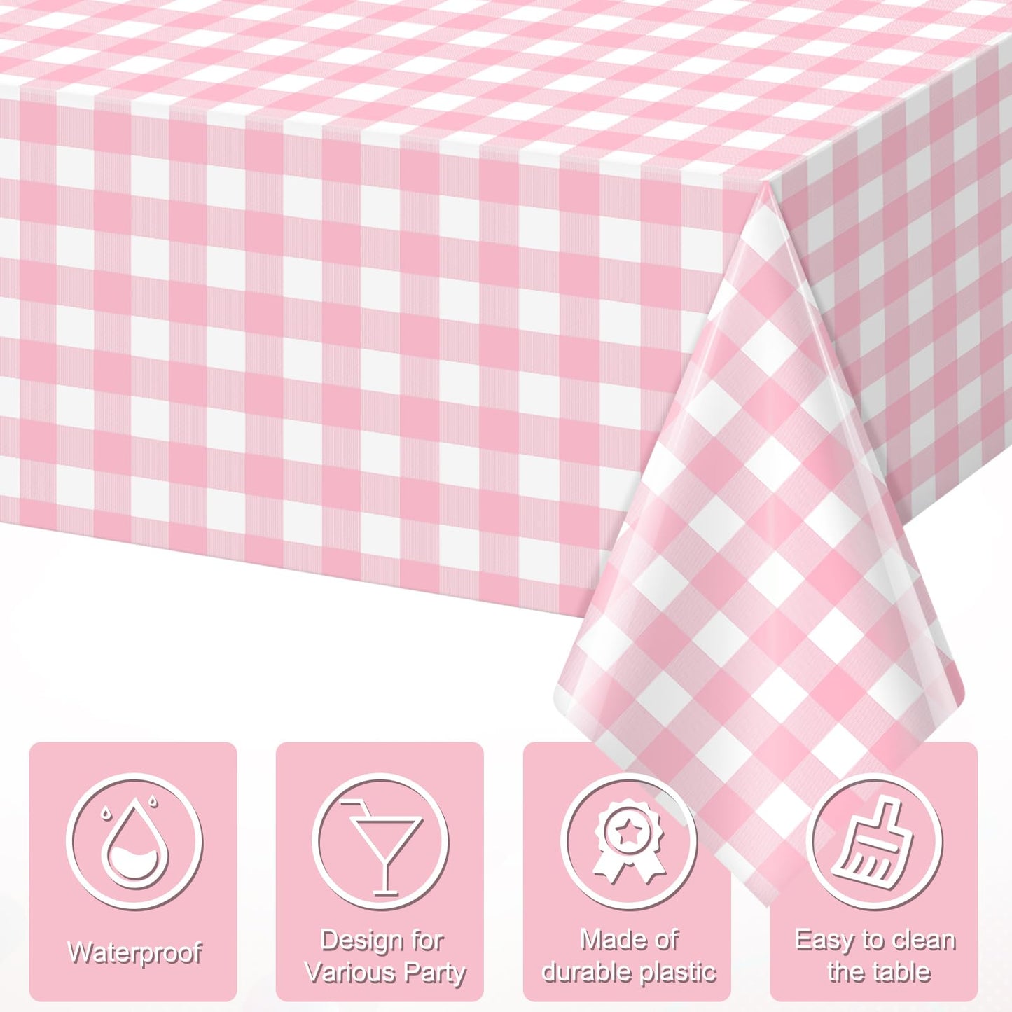 YIDAKO 3pcs 54X108inch Pink Checkered Tablecloth,Pink Gingham Tablecloths Buffalo Plaid Disposable Plastic Table Covers for Birthday Baby Shower Bridal Wedding Party Birthday Decorations