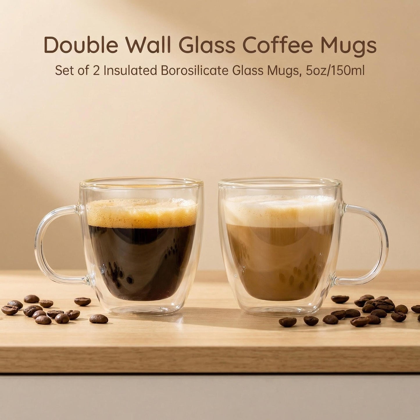 Stylusella Double Wall Glass Coffee Mugs 5oz / 150ml, Set of 2 Insulated Mugs with Handles, Stylish Tazas de Cafe Con Estilo