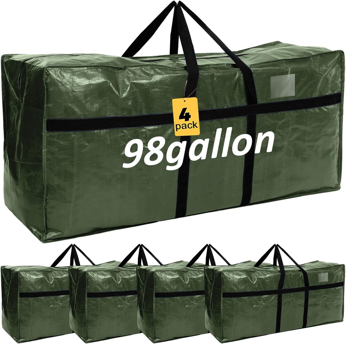 Windyun 4 Pack Extra Large 98 Gallon Heavy Duty Moving Bags - Jumbo Tote with Strong Zipper Handles | Army Green