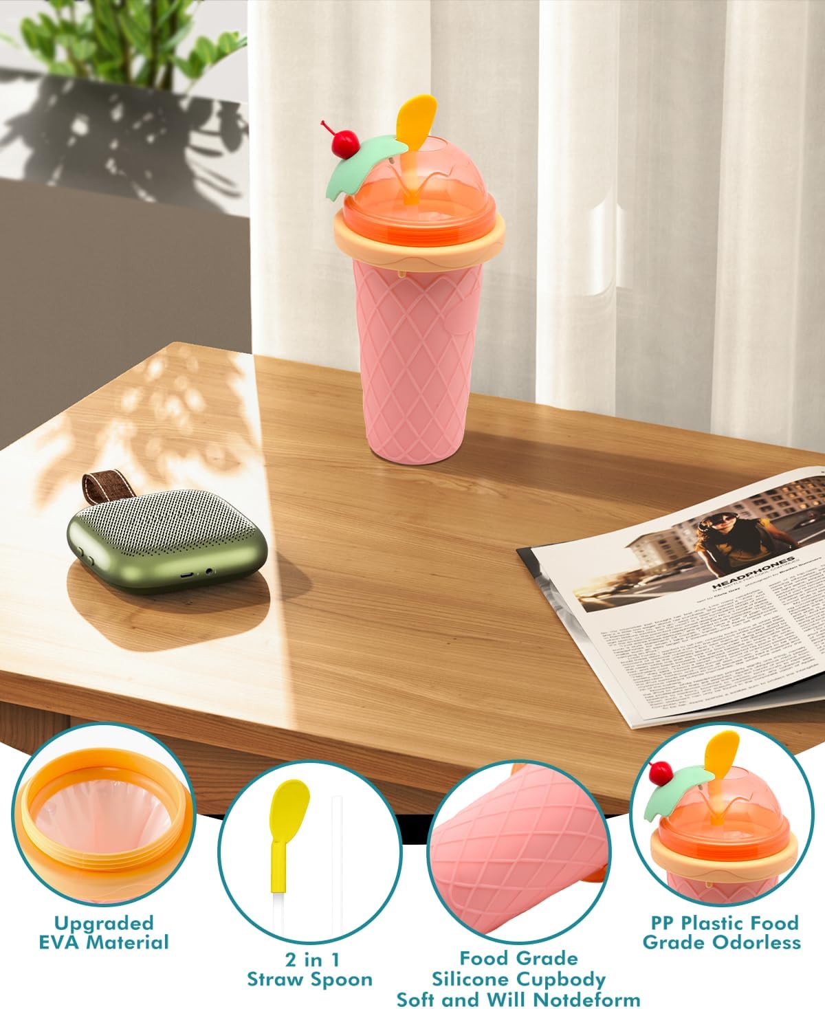 Skiennix Slushie Cup - Portable Smoothie Maker with Lids & Straws | Perfect for Juices & Ice Cream (Pink)