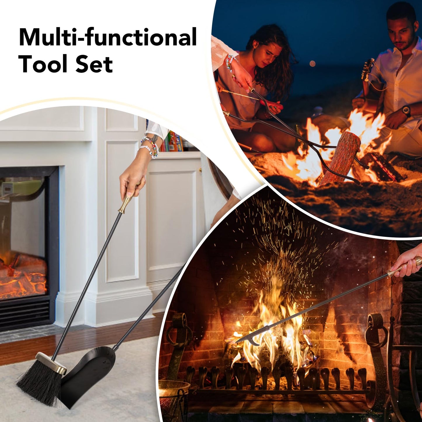 nalone 5 Pieces Fireplace Tools Set, Brass Handles Wrought Iron Fireplace Accessories Set with Poker, Tong, Shovel, Brush, Fire Place Tools Indoor Outdoor (Antique Bronze)