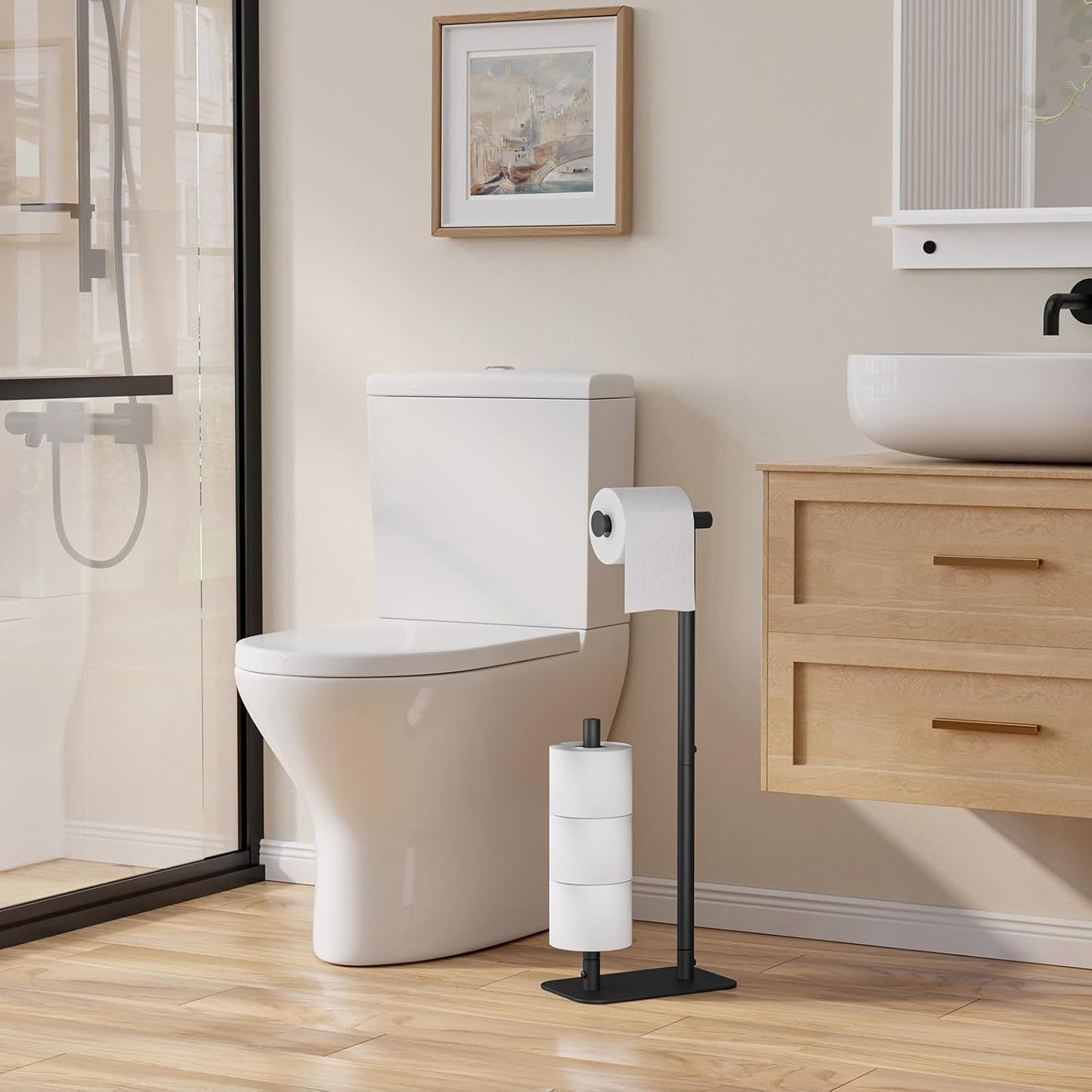 Kitsure Toilet Paper Holder - Rustproof Free Standing Design for 4 Rolls | Non-Slip Stable Base, Black