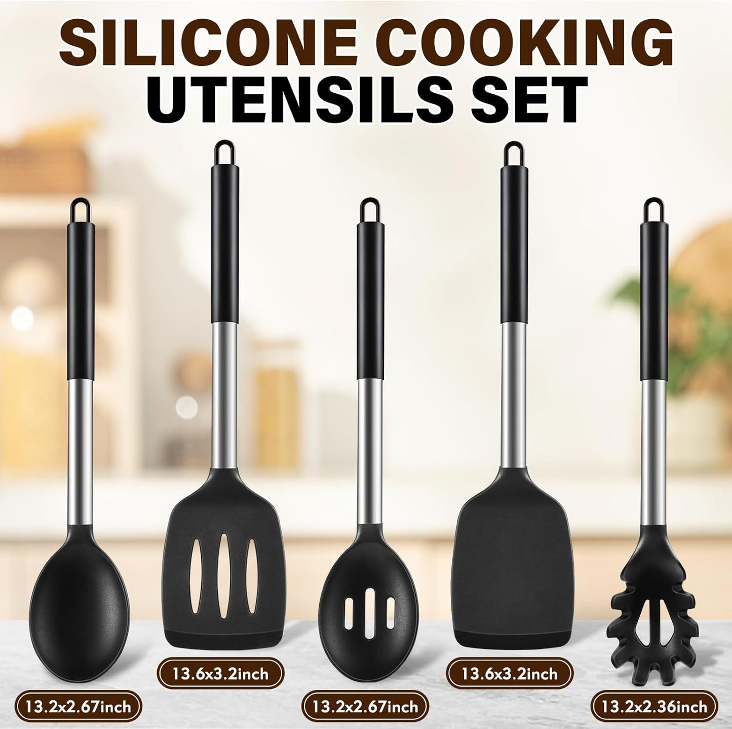 Skiennix Silicone Cooking Utensils Set - 5 Heat Resistant Kitchen Tools for Nonstick Cookware | Black