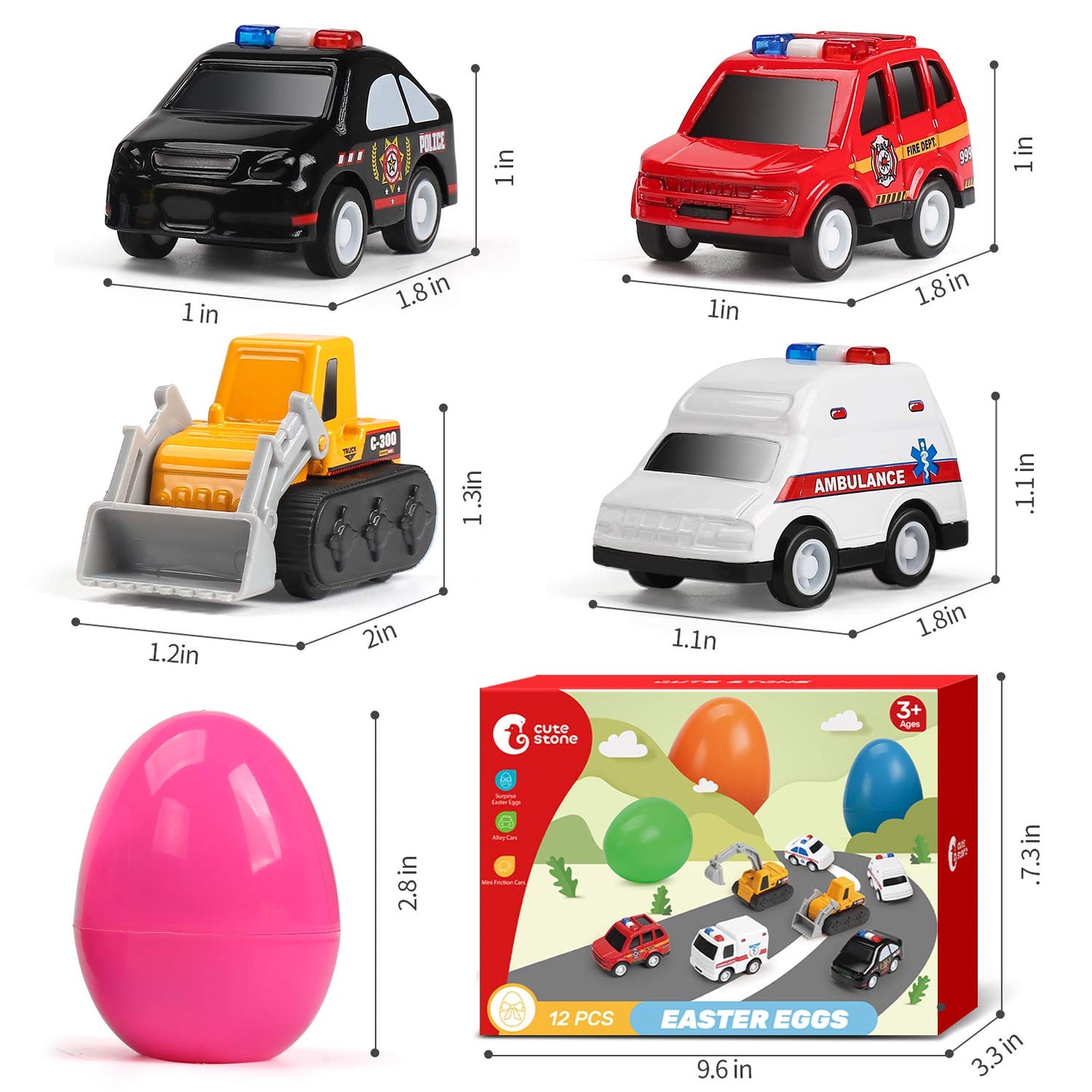 CUTE STONE 12 Pack Filled Easter Eggs with Alloy Pull Back Cars, Easter Basket Stuffers Easter Party Favors for Kids