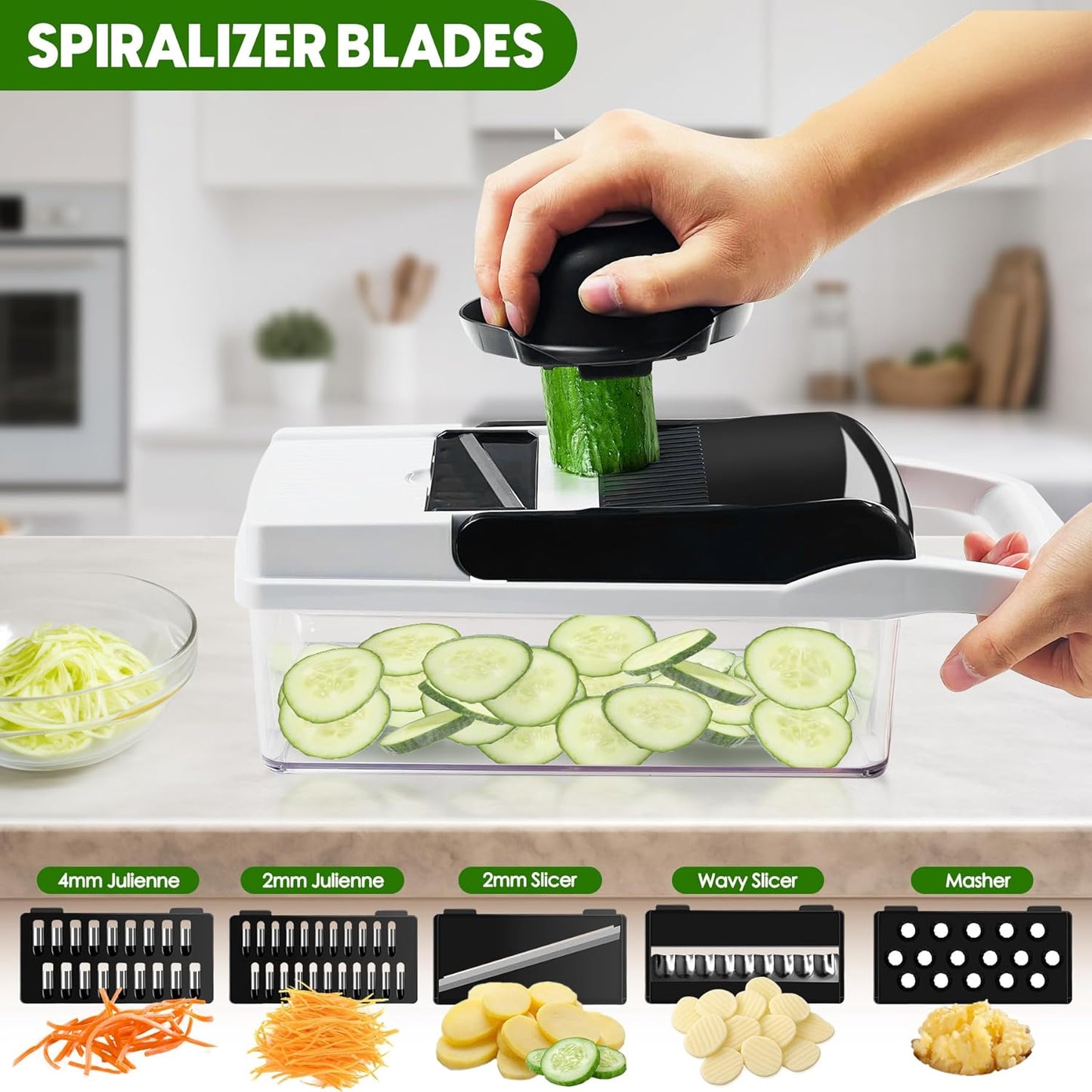 Skiennix Vegetable Chopper - 10 Blades Slicer & Dicer | 23-in-1 Mandoline Cutter with Hand Protector & Container (Black)