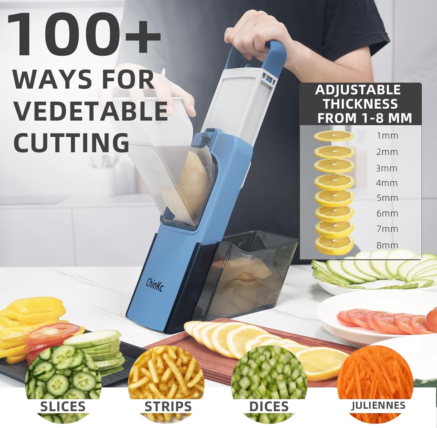 Upgrade Safe Mandoline Slicer - Adjustable Vegetable Chopper with Draining Basket | Perfect for Onions, Potatoes, and Salads