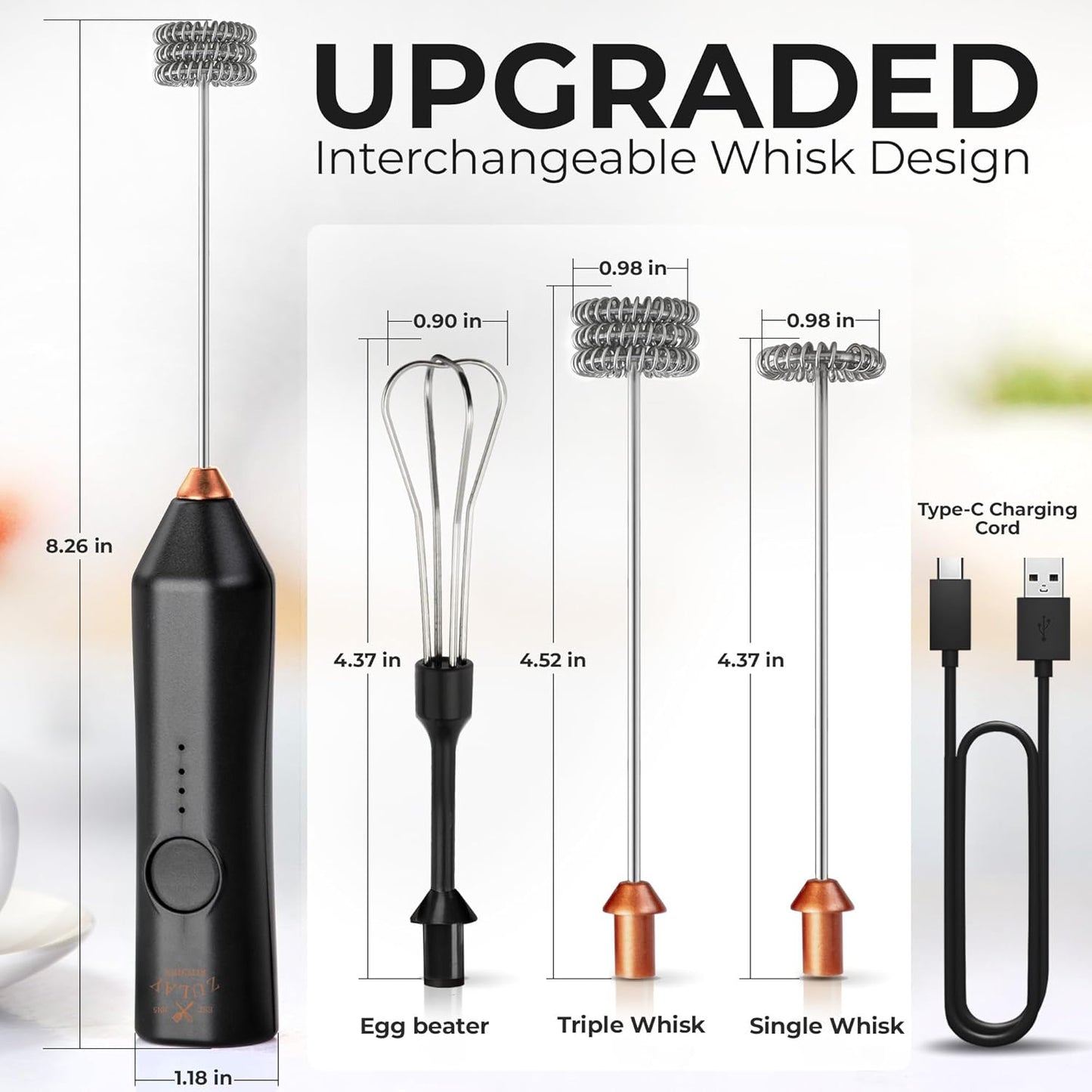 Zulay Kitchen Rechargeable Milk Frother - 3 Speeds & 3 Whisk Attachments - USB Charging for Lattes & Cappuccinos - Black Copper