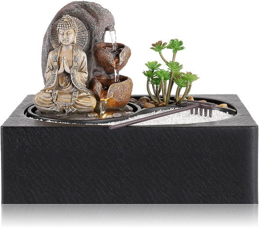 WICHEMI Waterfall Fountains Indoor Water Fountain Tabletop Fountain Zen Garden Elephant Fountain with LED Warm Light for Office Home and Bedroom Desktop Decor