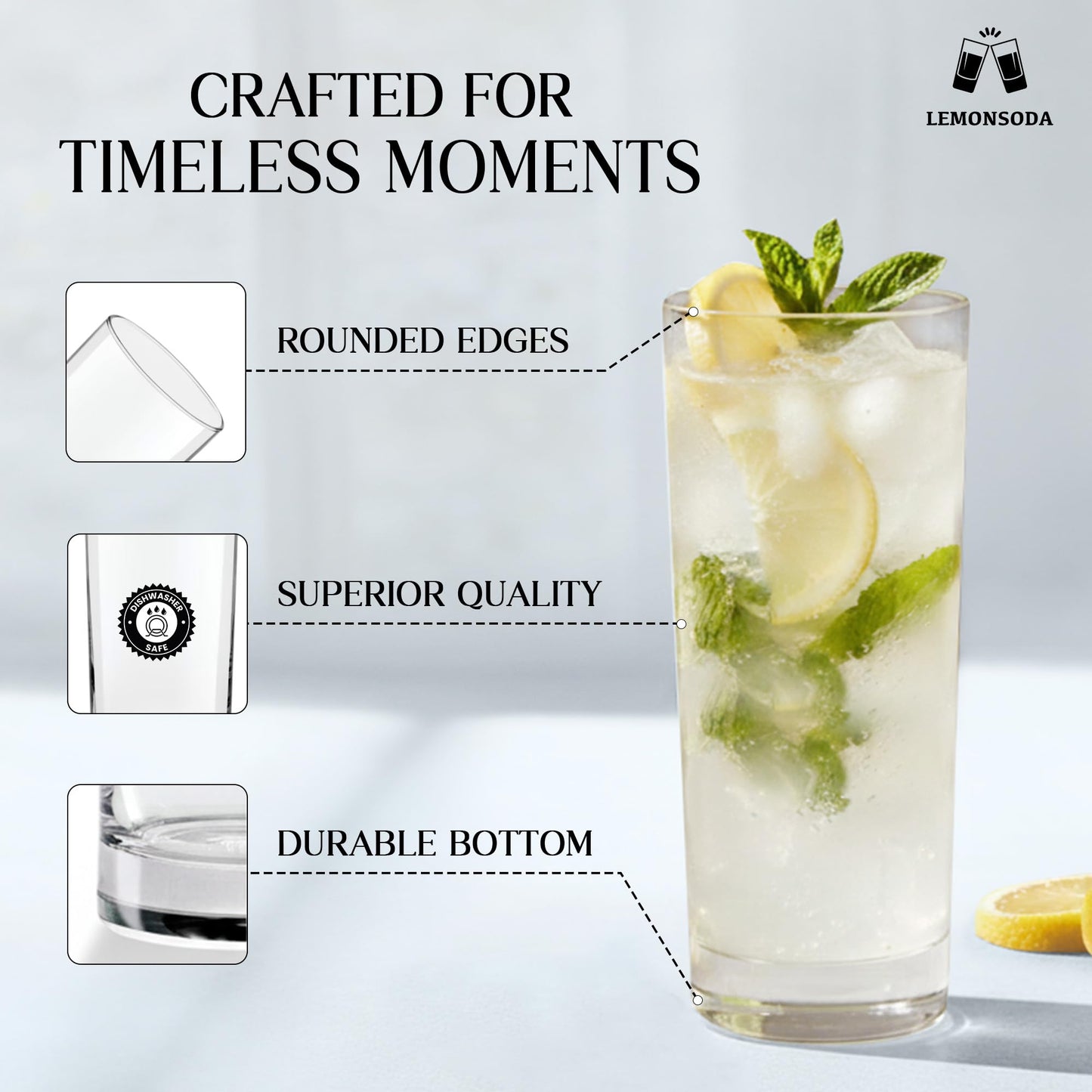 LEMONSODA Highball Glass Set | 15oz Set of 12 | Lead-Free Glass with Heavy Base | Dishwasher Safe Cocktail Glasses for Mojito Whiskey Iced Tea | Gift Box Included | Modern Durable Bar Glassware