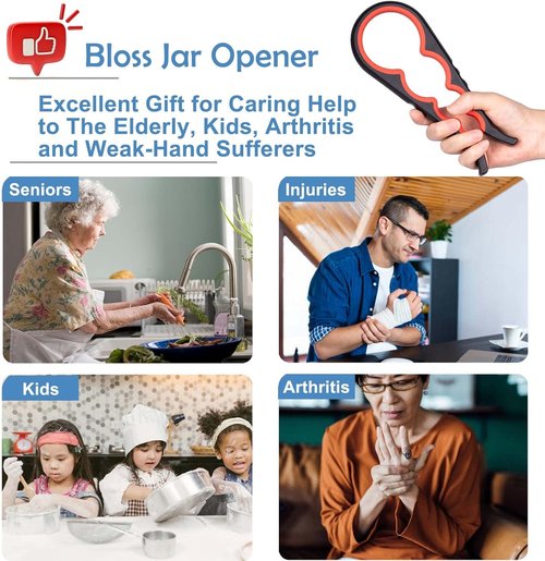 Bloss Jar Opener - 4-in-1 Multi-Function Non-Slip Tool for Weak Hands & Arthritis - Black/Red