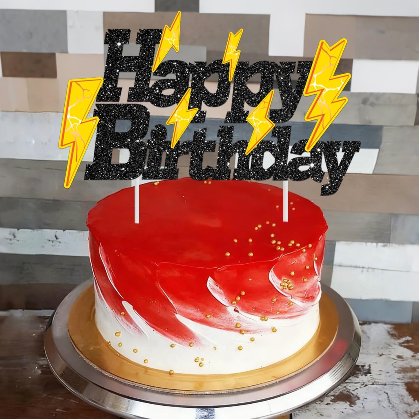 Skiennix Glitter Black Lightning Bolt Cake Toppers - Fun Birthday Party Decorations for Kids