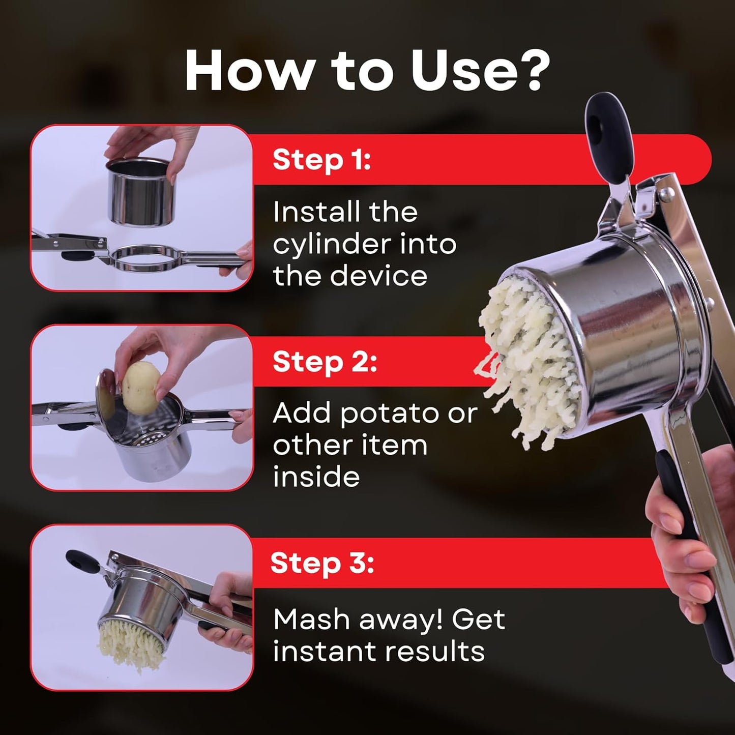 Professional 430 Stainless Steel Potato Ricer by [Brand Name] - 15oz Masher for Fluffy Potatoes, Gnocchi & Baby Food - Ergonomic Non-Slip Handles, Heavy Duty & Dishwasher Safe