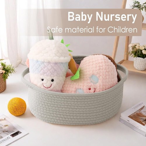 JMvicyroam Woven Basket - Small Rope Storage Bin with Handles for Organizing Shelves & Closets - Grey