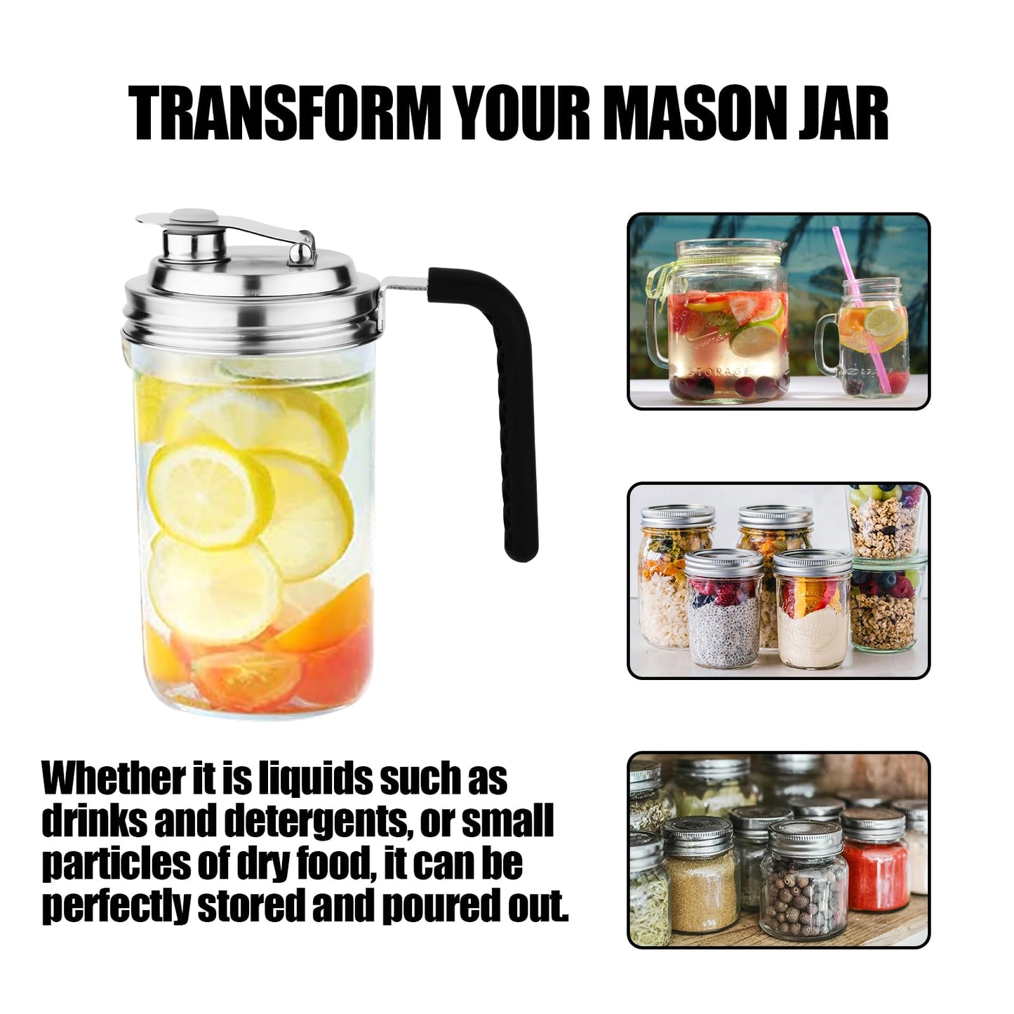 Stainless Steel Pour Spout Lids - Wide Mouth Mason Jar Lids with Handle - 2 Pcs