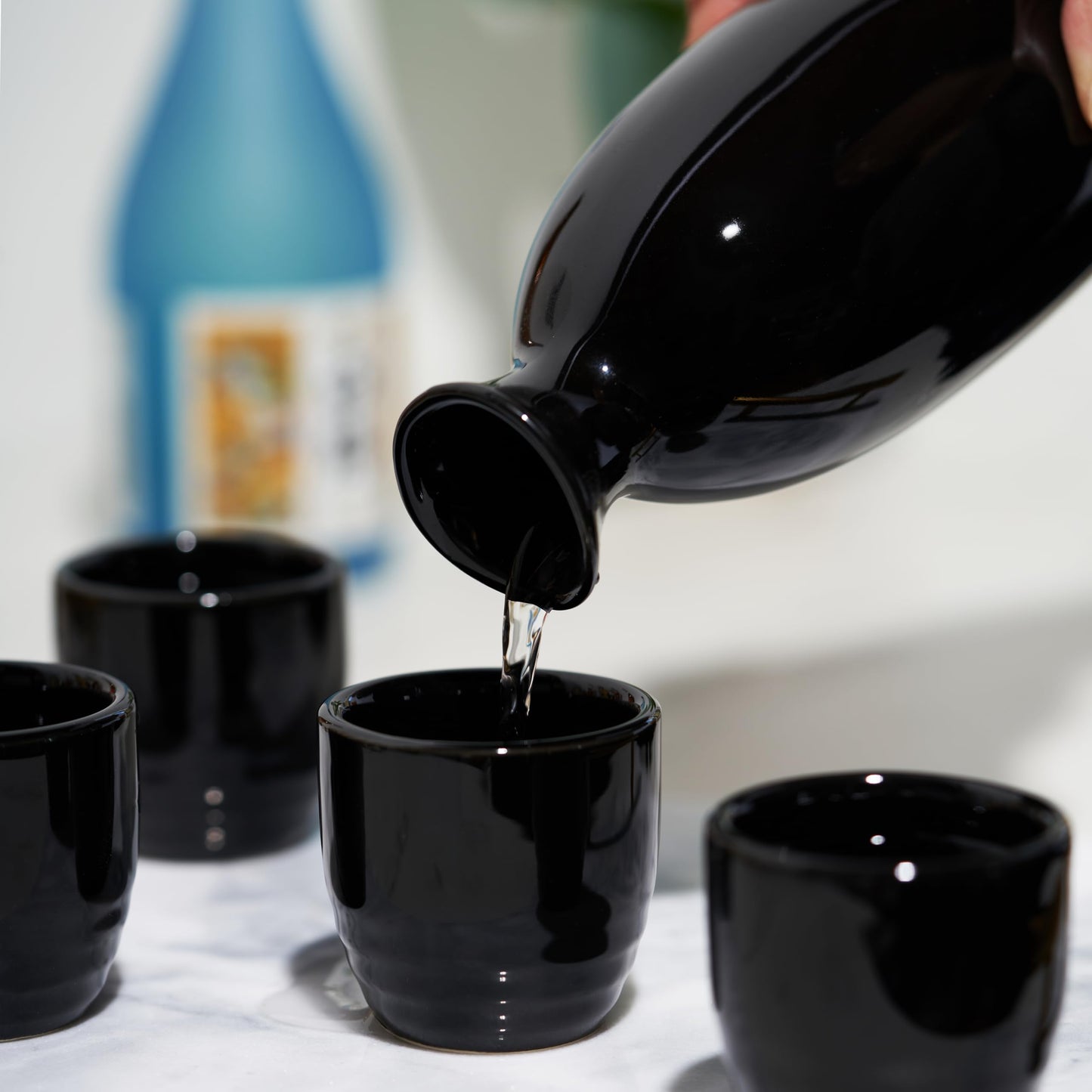 True Moga Sake Set, Pitcher and tumbler set for Sake, Japanese Style Sake Stoneware, Four 3.5 oz Cups and one 8 oz. Carafe, Fire glazed Porcelain, Set of 5, Black