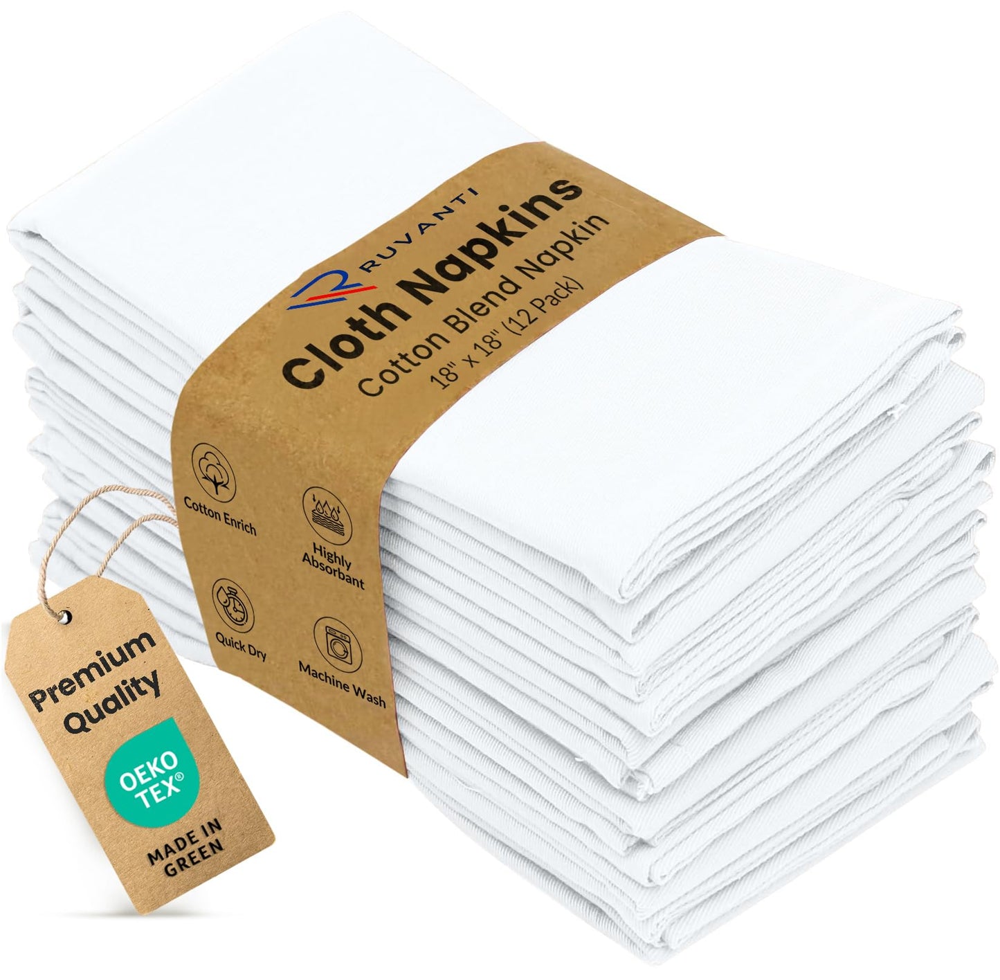 Ruvanti Cloth Napkins set of 12, 18x18 Inches Napkins Cloth Washable, Soft, Durable, Absorbent, Cotton Blend. Table Dinner Napkins Cloth for Hotel, Lunch, Restaurant, Weddings, Events, Parties - White