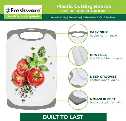 Freshware Cutting Boards - 3-Pack Kitchen Chopping Boards with Juice Grooves & Non-Slip Handles | Reversible, Dishwasher Safe - Gray