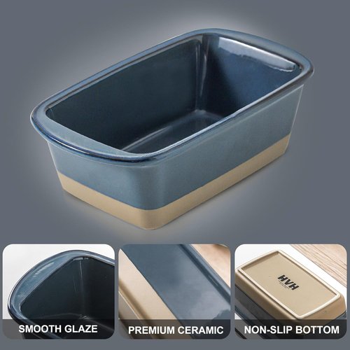 HVH Ceramic Loaf Pan - 9 x 5 Inch Rectangular Baking Dish for Farmhouse Style Bread (Blue)