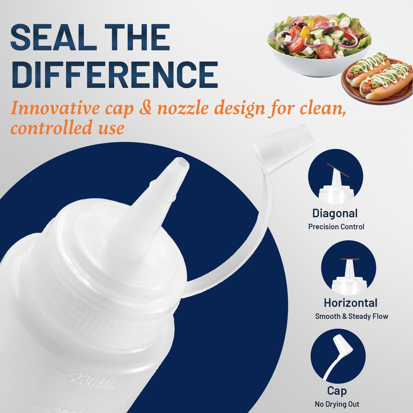 SECLENT 8 oz Squeeze Bottles, Plastic Condiment Squeeze Bottles for Sauces, Ketchup, Squirt Bottle for Dressing, Sauce Bottle for Syrup, Oil, Dressing, Mustard, Pancake Batter - 6 Pack