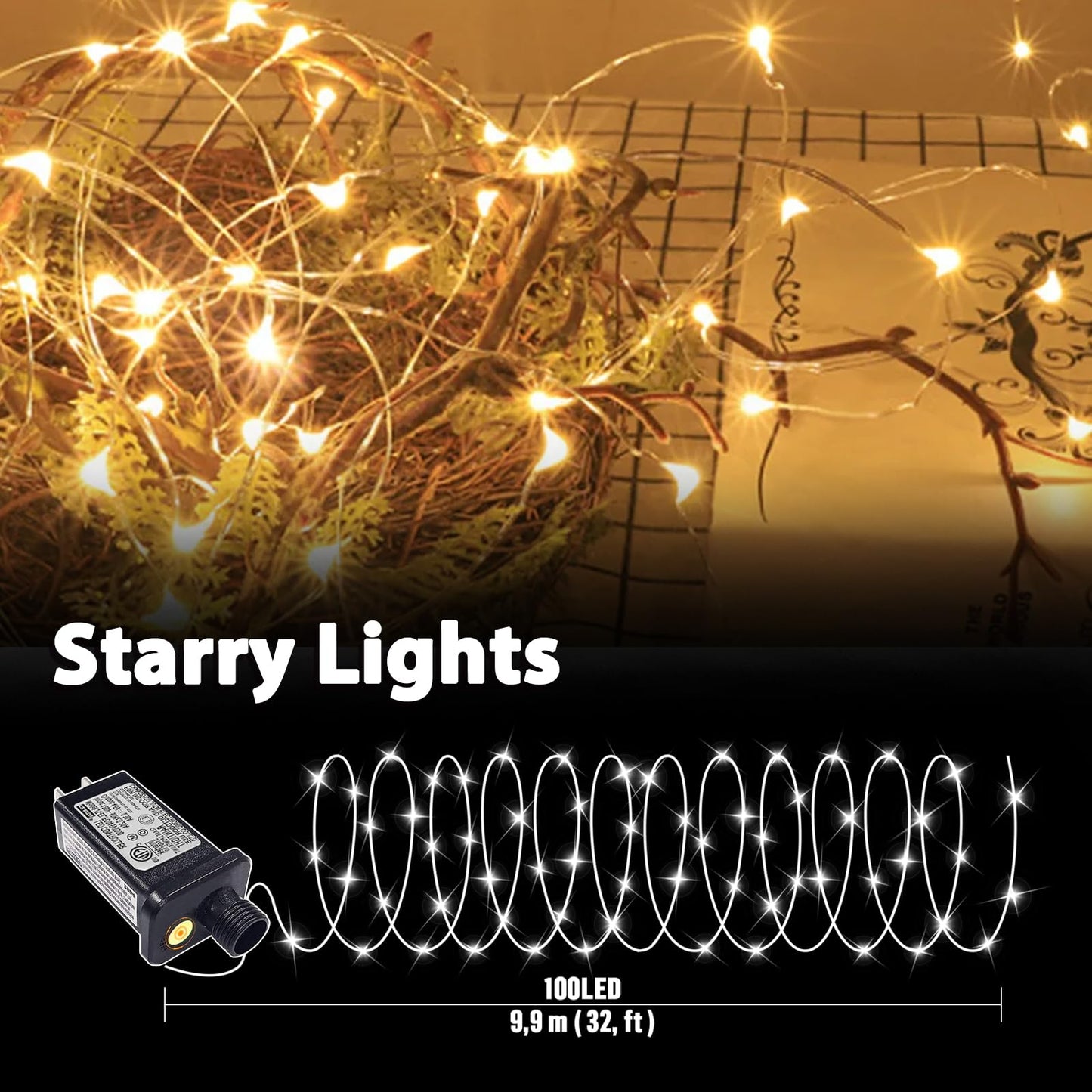 LAMPHOME Fairy Lights Plug in, 33Ft 100 LEDs Waterproof Twinkle Firefly Lights, Adaptor Included, Starry String Lights for Wedding Indoor Outdoor Christmas Patio Garden Decoration, Warm White