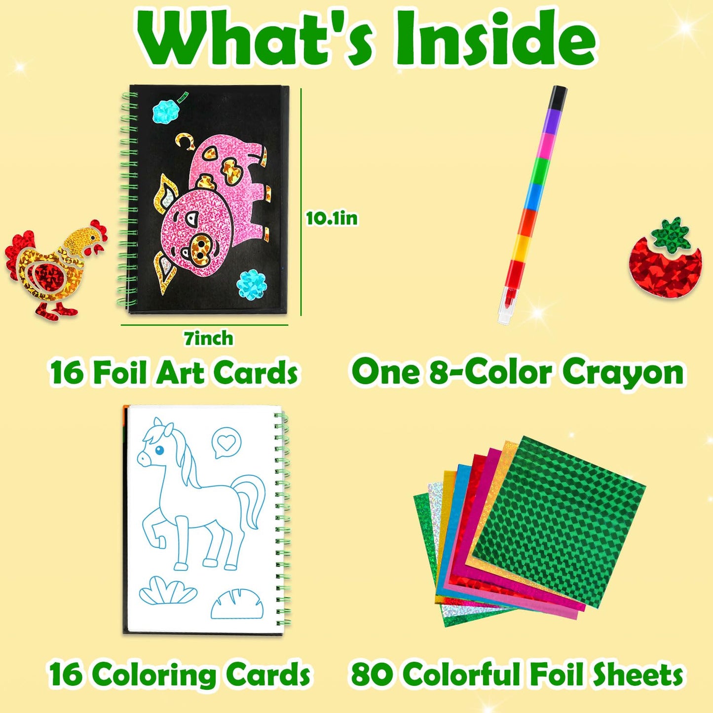 FUNNYB&G Foil Art Craft Kit for Girls 4-10 Years Old: Mess-Free & No-Glue, Create 16 Sparkly Farm Pictures – Perfect Travel Toy & Birthday Gift for Kids（Farm