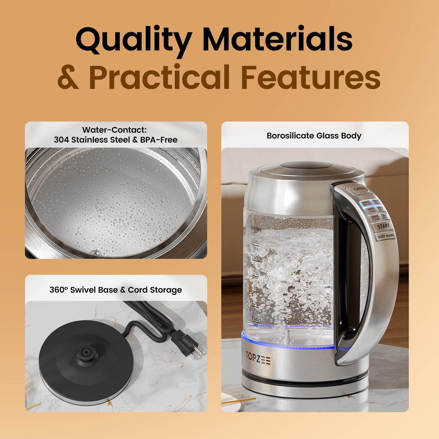 TOPZEE 1.7L Glass Electric Kettle for Coffee & Tea, Hot Water Boiler with 6 Preset Temperatures, Keep Warm and Memory Function, Auto Shut-off & Dry Boil Protection, BPA Free, Rapid Boil, 1500W, Silver