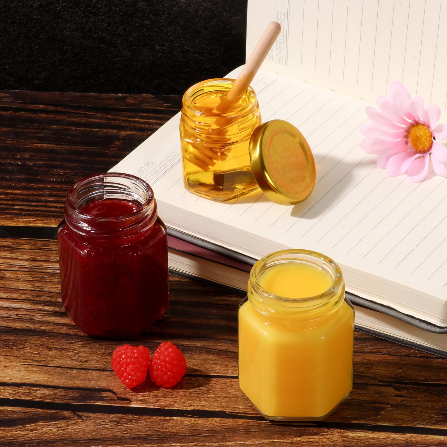SZUAH 20 Pack 3 oz Mini Honey Jars with Dipper, Glass Hexagon Honey Jar for Wedding Favors, Empty Glass Jars for Party Favor