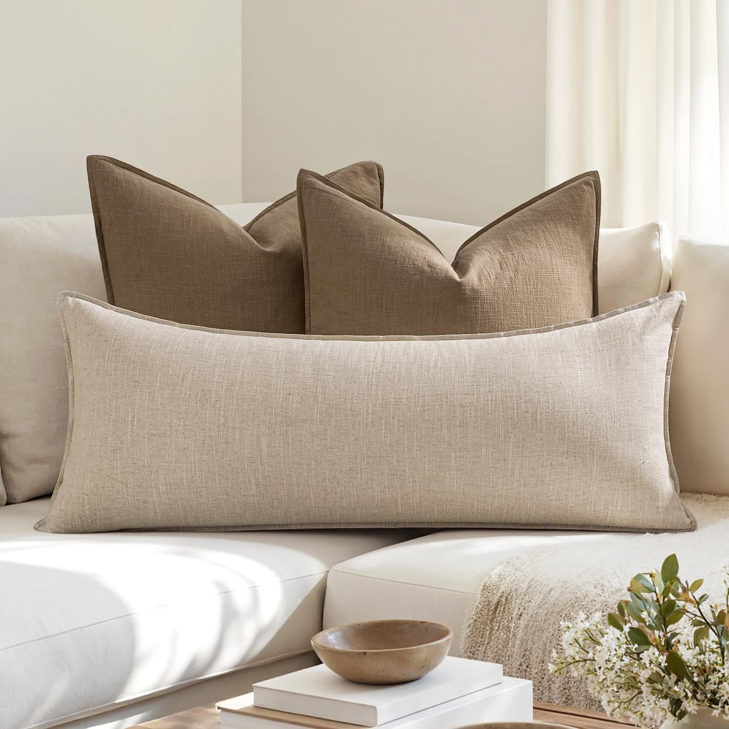 MIULEE Long Lumbar Throw Pillow Cover - Natural Beige Boho Farmhouse Style | 14x36 Inch Accent Cushion for Modern Living Room Decor
