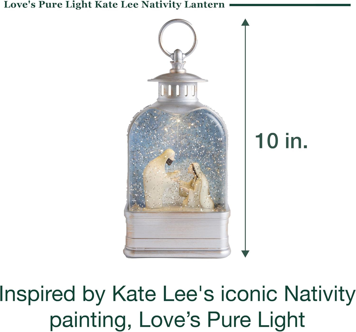 Love's Pure Light by Kate Lee - 10” Light-Up Nativity Lantern with Music | Glitter Snowglobe Manger Scene