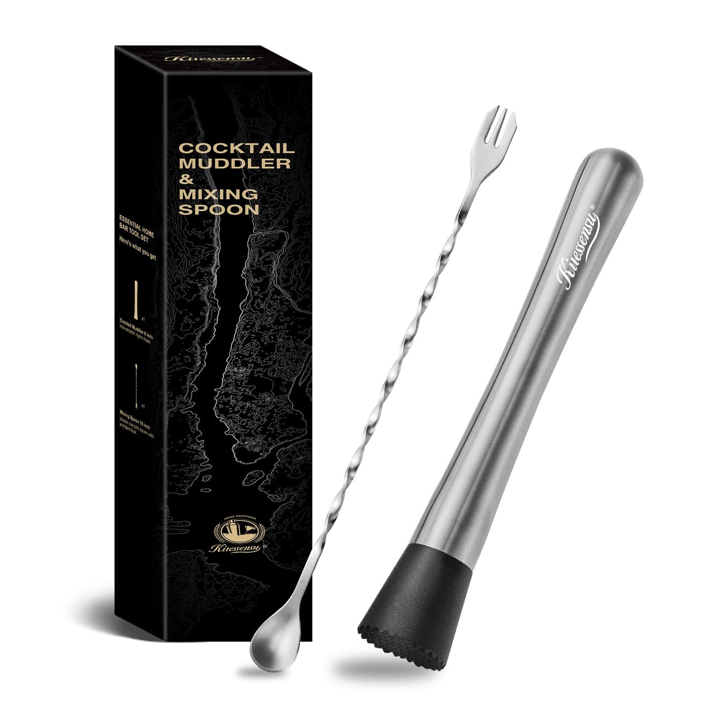 KITESSENSU Muddler and Bar Spoon, 8 Inch Stainless Steel Muddler for Cocktails, Excellent Choice for Mojitos, Caipirinhas, Fruits, Herbs, Spices Based Drinks