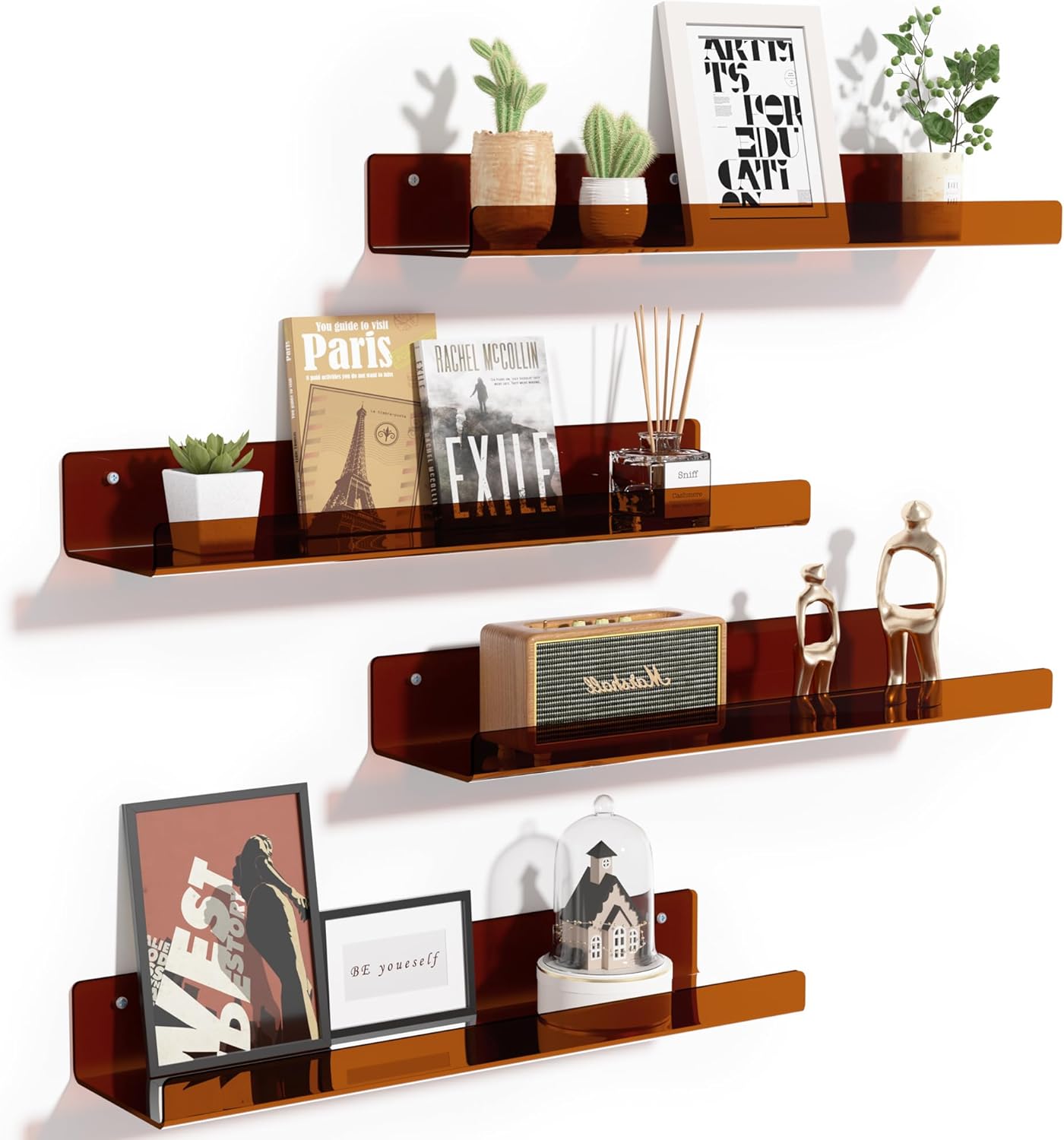 Upsimples Acrylic Wall Shelves - 15" Floating Display Shelf Set for Perfume & Books | Clear Brown, 4 Pack