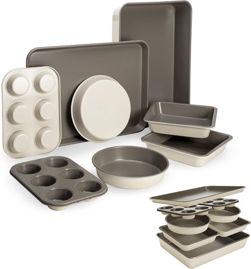 Goodful Nonstick Bakeware Set - 8-Piece Stackable Design with Round, Square Pans & More | Dishwasher Safe, Linen