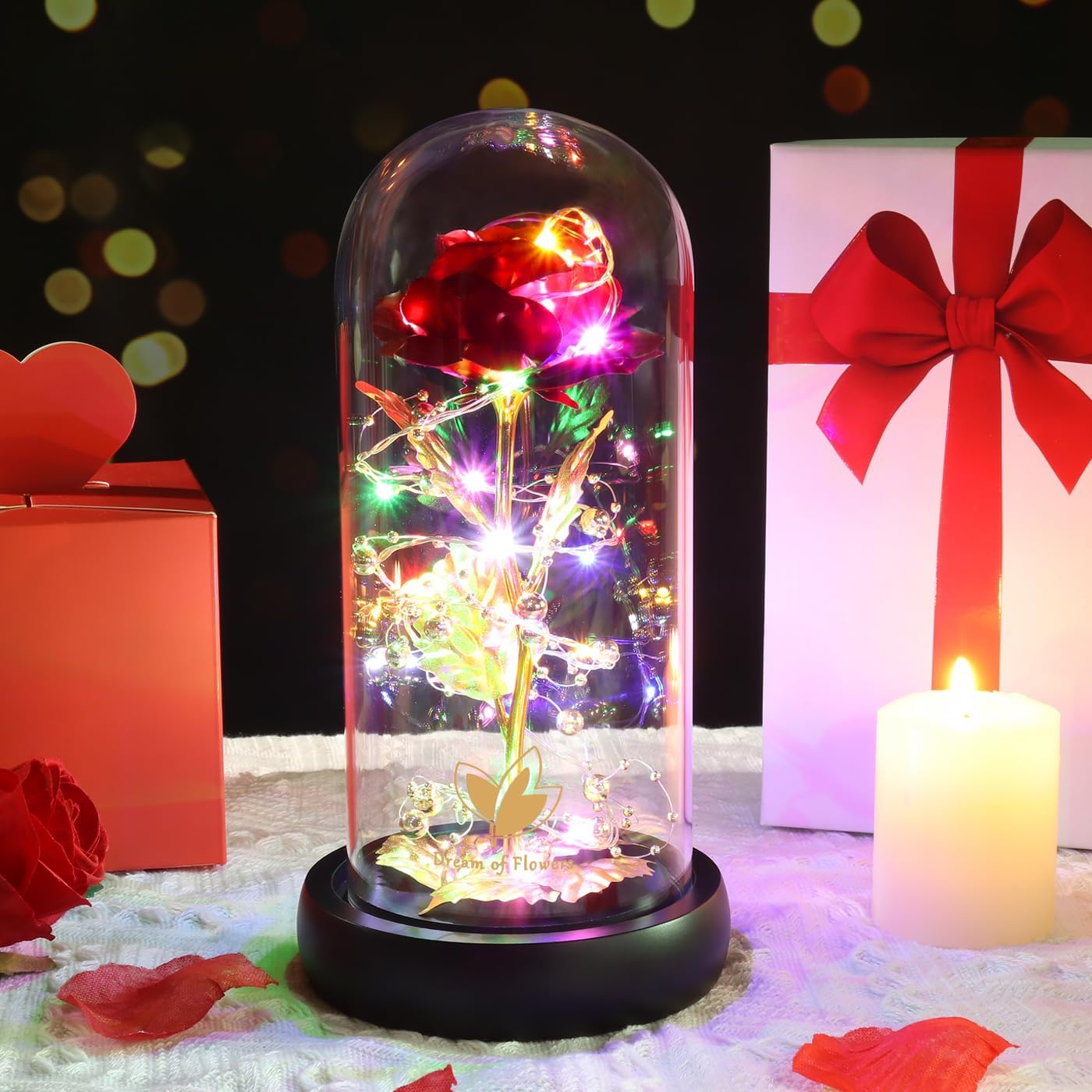 Birthday Gifts for Women,Beauty and the Beast Rose in Glass Dome,Preserved Rose with Warm Lights,Flower for Delivery Prime,Forever Flower Gifts for Women Mom Wife Girlfriend, Anniversary Birthday Gift