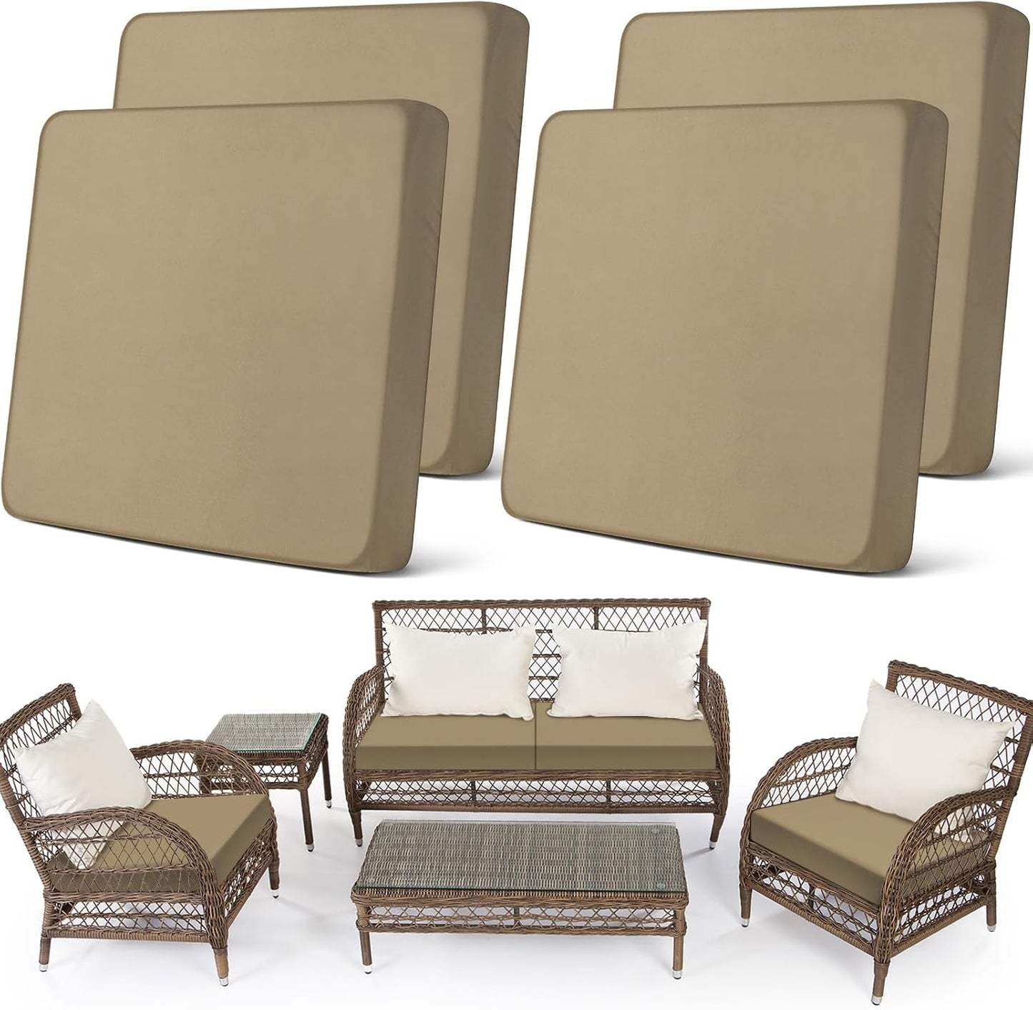 Newwiee Stretch Patio Cushion Covers - Set of 4 Washable Furniture Protectors for Pets | Sand Color
