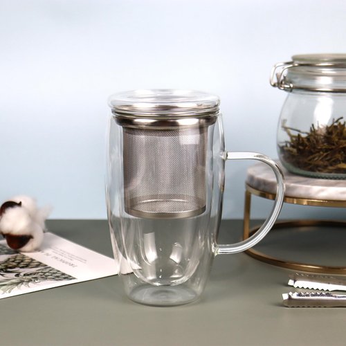 Almagic Double Wall Glass Tea Mug with Infuser and Lid, 14 oz / 400 ml Borosilicate Glass Tea Cup with 304 Stainless Steel Fine Mesh Infuser, Durable Insulated Tea Cup, Gift for Tea Lovers