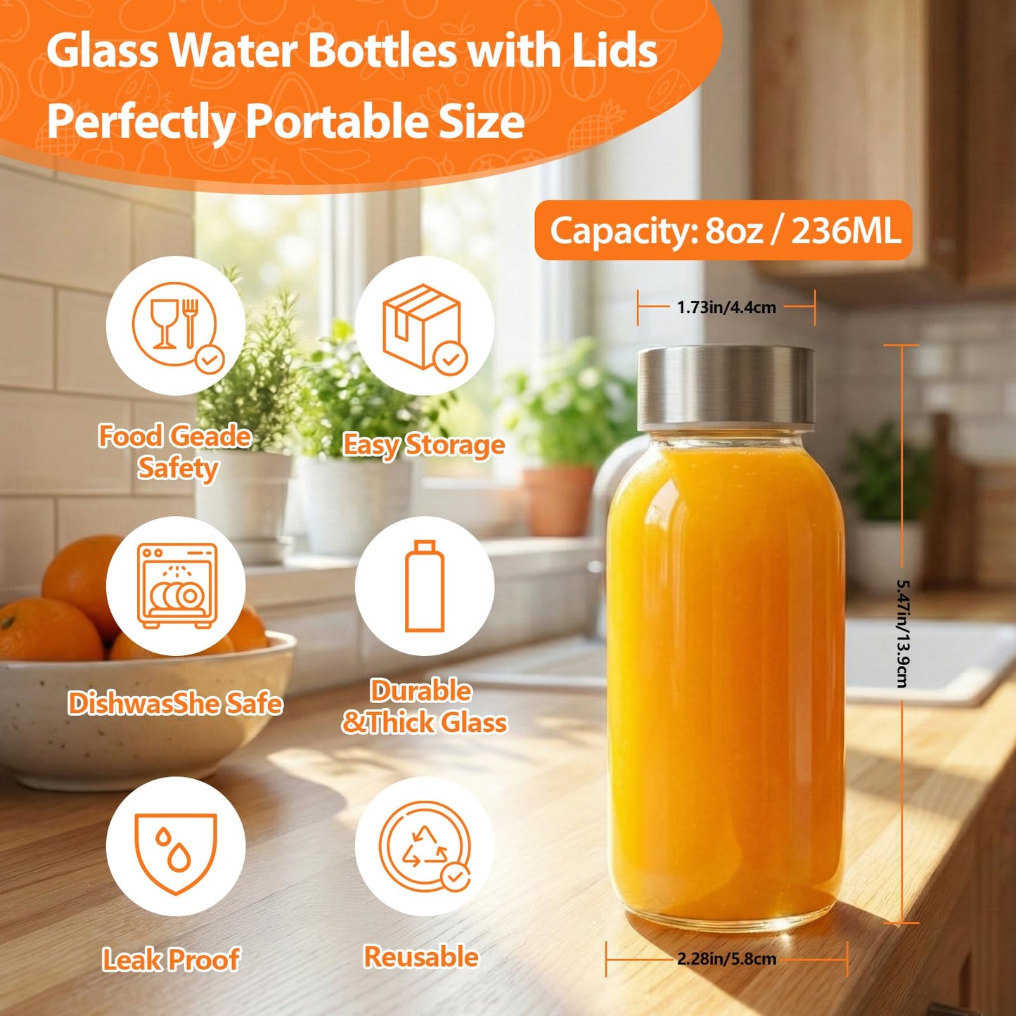 Luxfuel 8 oz Glass Water Bottles with Lids, 4 Pack Small Glass Juice Bottles with Stainless Steel Caps & Funnel, Leak-Proof Containers for Juicing, Milk, Ginger Shots, Smoothies, Wellness Drinks