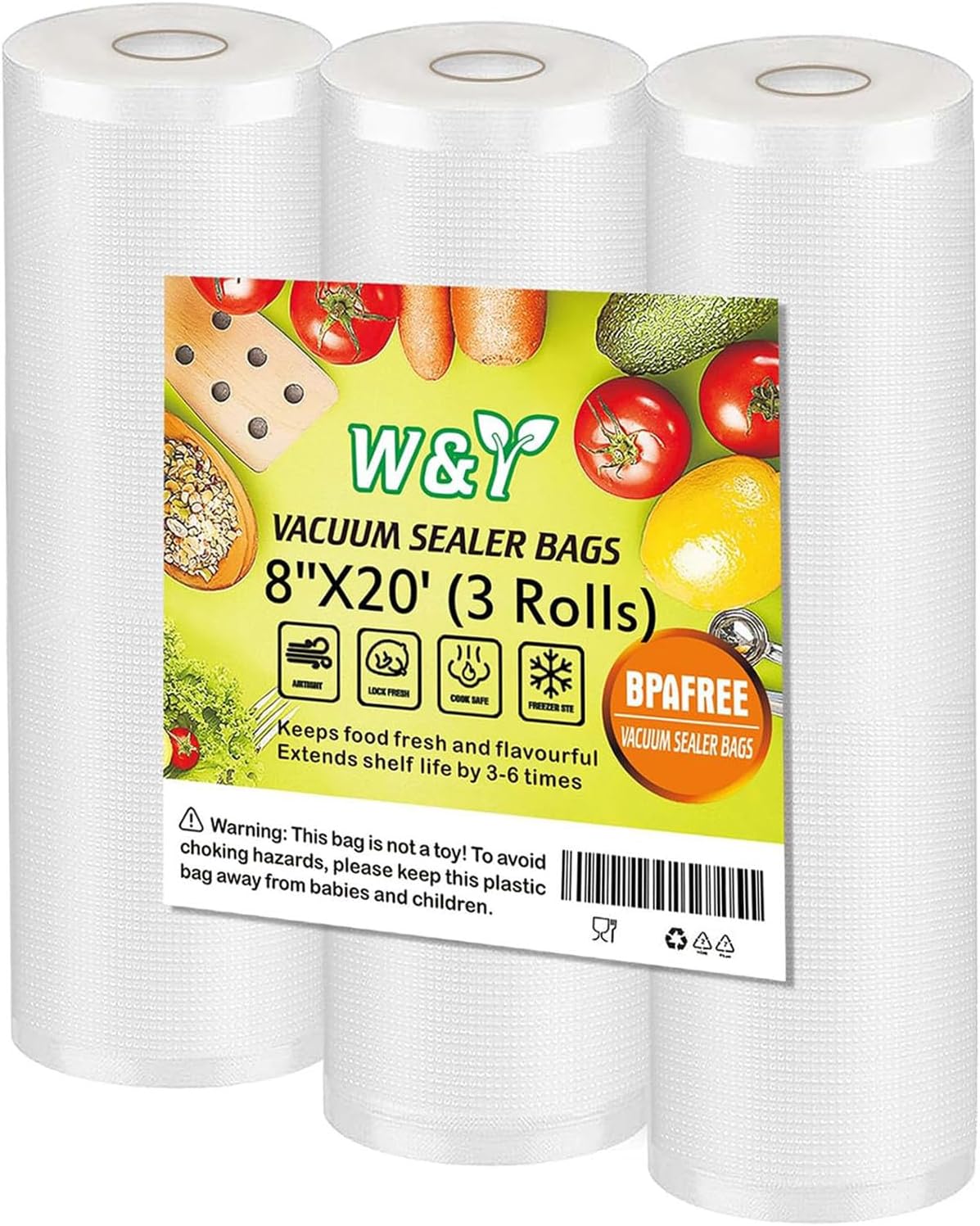 Vacuum Sealer Bags | Commercial Grade Sous Vide & Food Saver Rolls - 8" x 20' (3 Rolls), Reusable & Puncture Protected